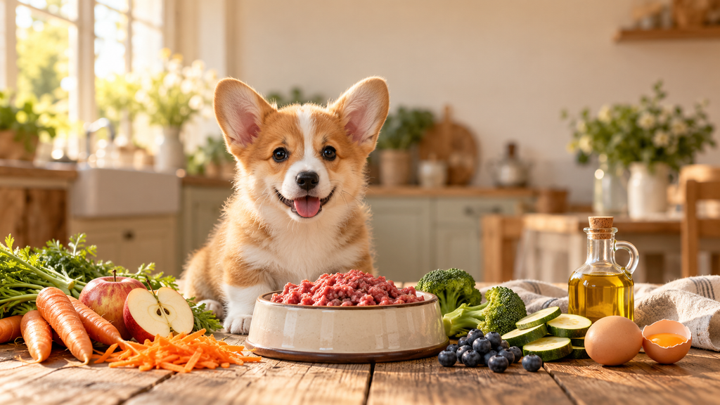 Corgi-Welpe vor einem Napf mit frischem BARF
