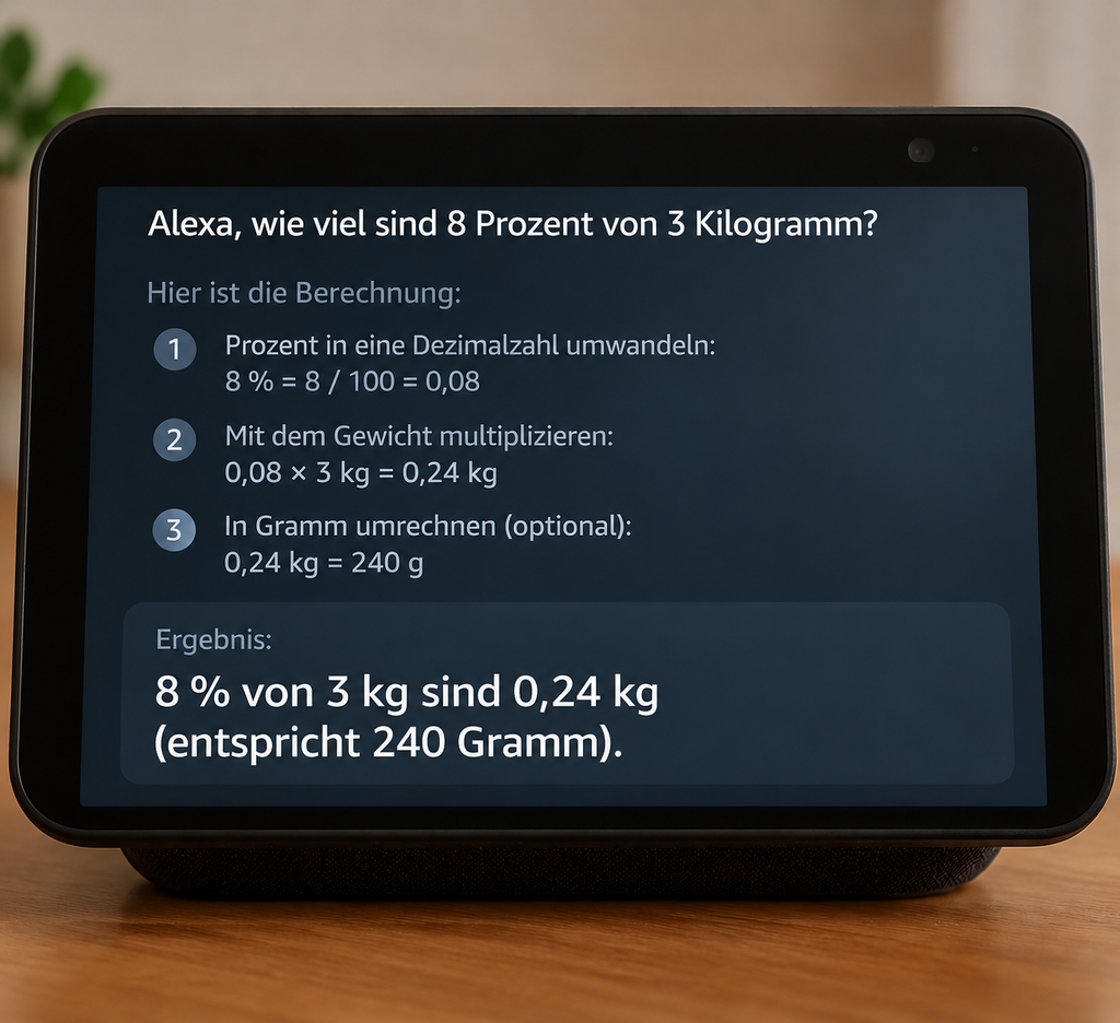 Smart Display zeigt die Rechnung: 8 % von 3 kg sind 240 g Futter