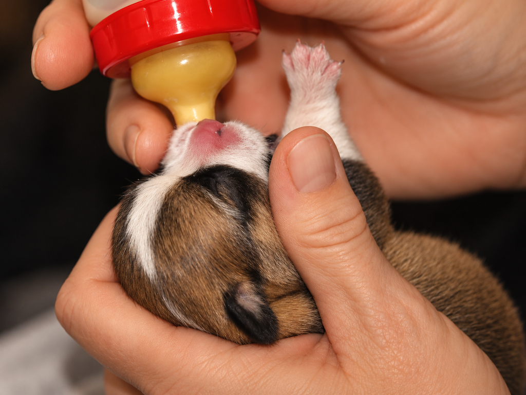Corgi-Welpe wird mit der Flasche gefüttert