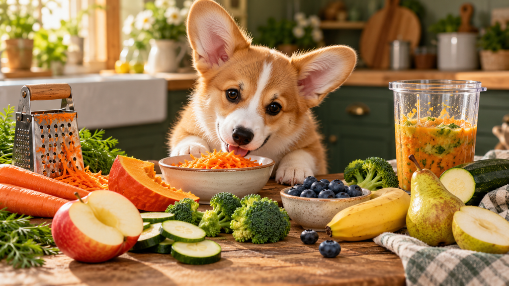 Corgi-Welpe schnuppert an frisch geriebenen Möhren, umgeben von Obst und Gemüse